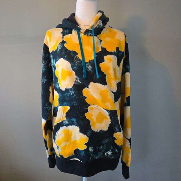 Nike Tops - Nike Women's Navy and Yellow Floral Oversize Hoodie with Front Pockets.  Size SM